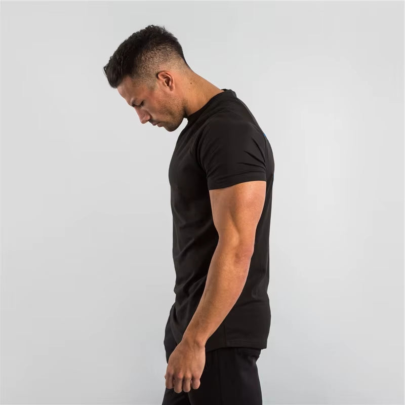 Summer Solid Cotton Short Sleeve T-Shirt Men Gym Clothing Fashion Plain Tight Tops Tees Sports Bodybuilding Fitness T Shirt Men
