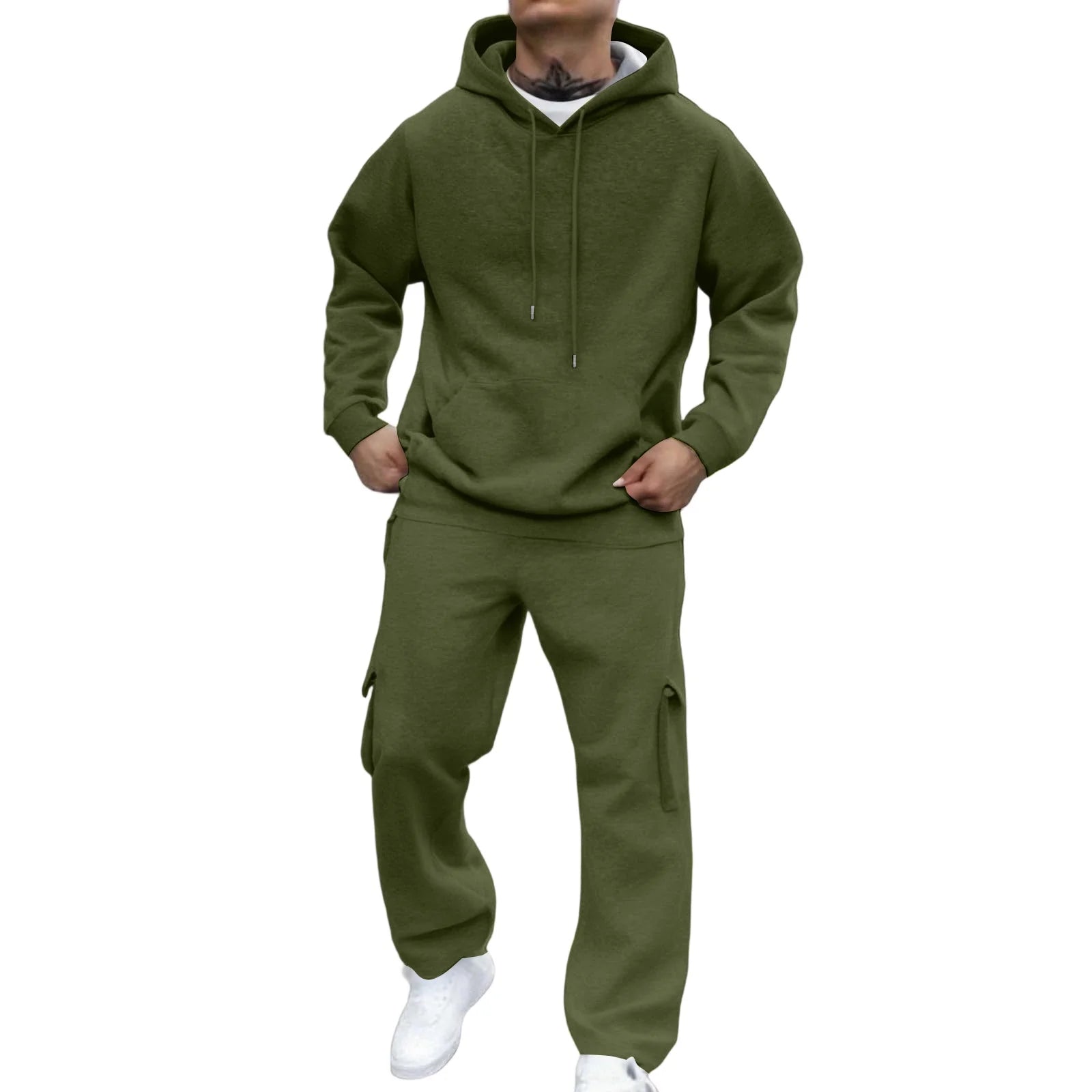 Men'S Track Suits 2 Piece Set Fleece Hoodie Sweatshirt & Cargo Sweatpants Set Sports Casual Tracksuits Fall Winter Jogging Suit Army Green M