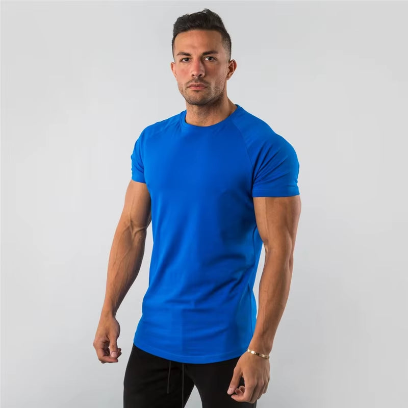 Summer Solid Cotton Short Sleeve T-Shirt Men Gym Clothing Fashion Plain Tight Tops Tees Sports Bodybuilding Fitness T Shirt Men