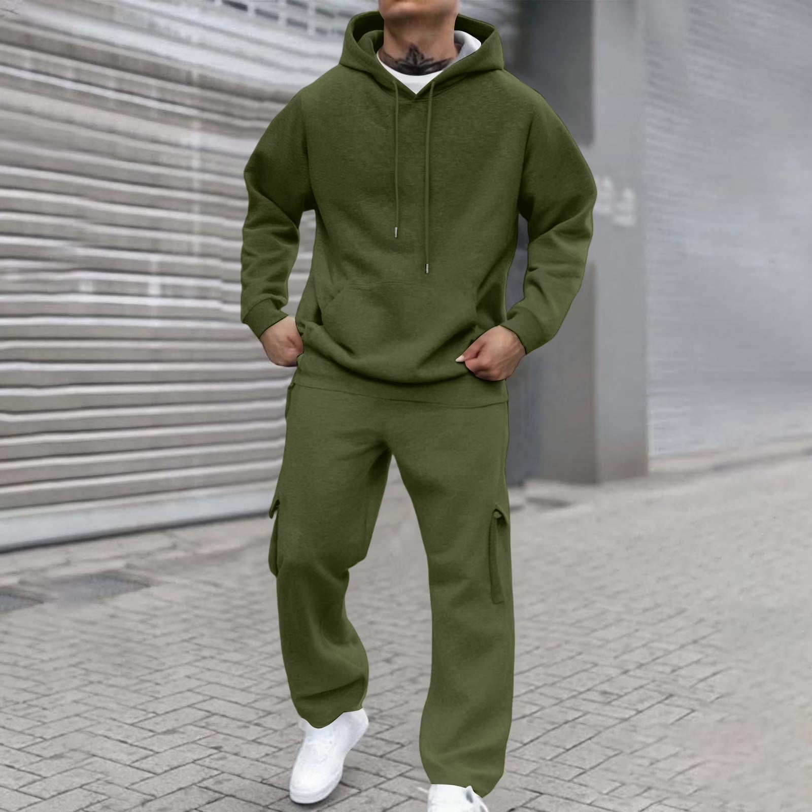 Men'S Track Suits 2 Piece Set Fleece Hoodie Sweatshirt & Cargo Sweatpants Set Sports Casual Tracksuits Fall Winter Jogging Suit Army Green M