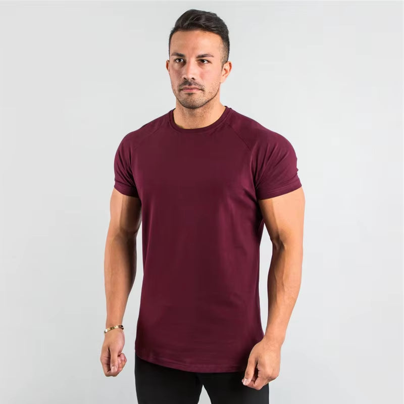 Summer Solid Cotton Short Sleeve T-Shirt Men Gym Clothing Fashion Plain Tight Tops Tees Sports Bodybuilding Fitness T Shirt Men