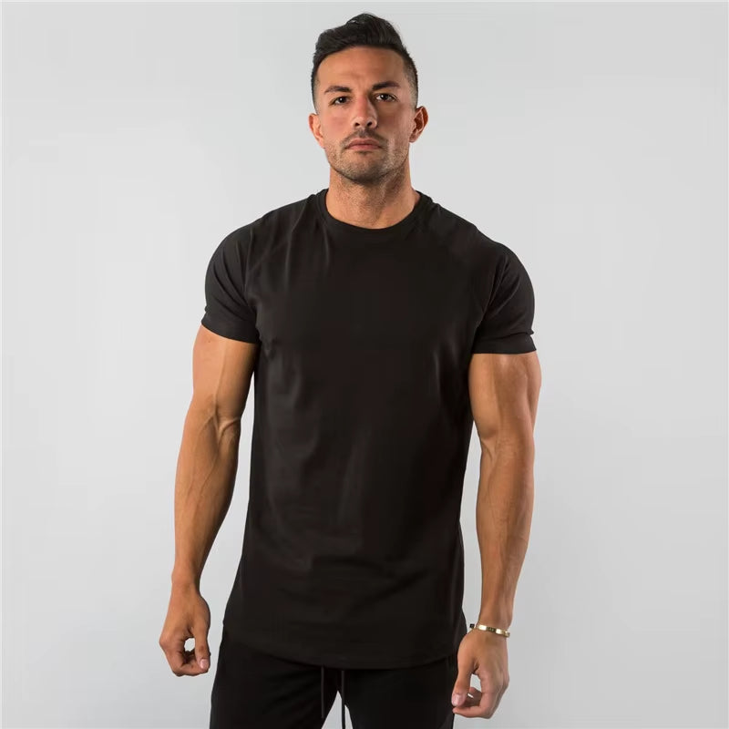 Summer Solid Cotton Short Sleeve T-Shirt Men Gym Clothing Fashion Plain Tight Tops Tees Sports Bodybuilding Fitness T Shirt Men