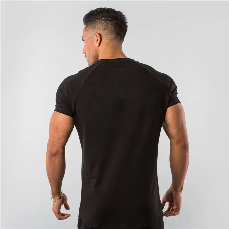 Summer Solid Cotton Short Sleeve T-Shirt Men Gym Clothing Fashion Plain Tight Tops Tees Sports Bodybuilding Fitness T Shirt Men