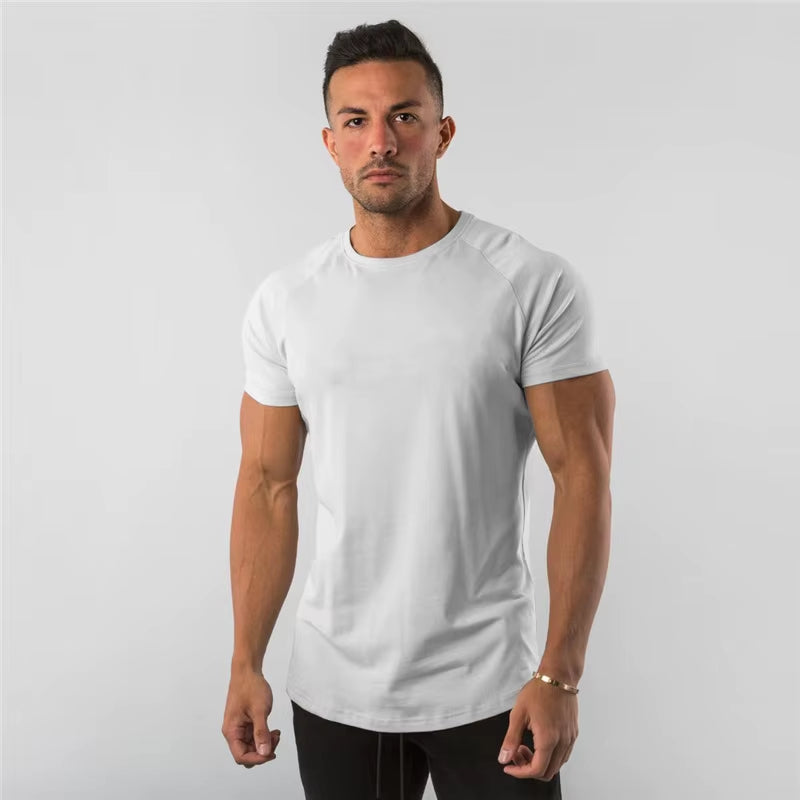Summer Solid Cotton Short Sleeve T-Shirt Men Gym Clothing Fashion Plain Tight Tops Tees Sports Bodybuilding Fitness T Shirt Men