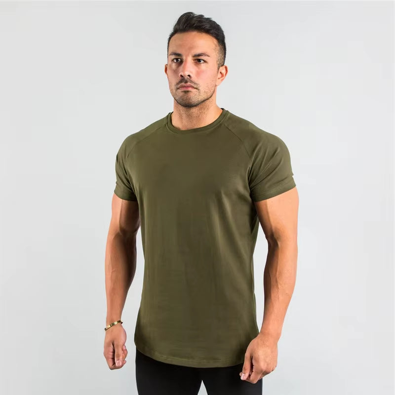 Summer Solid Cotton Short Sleeve T-Shirt Men Gym Clothing Fashion Plain Tight Tops Tees Sports Bodybuilding Fitness T Shirt Men