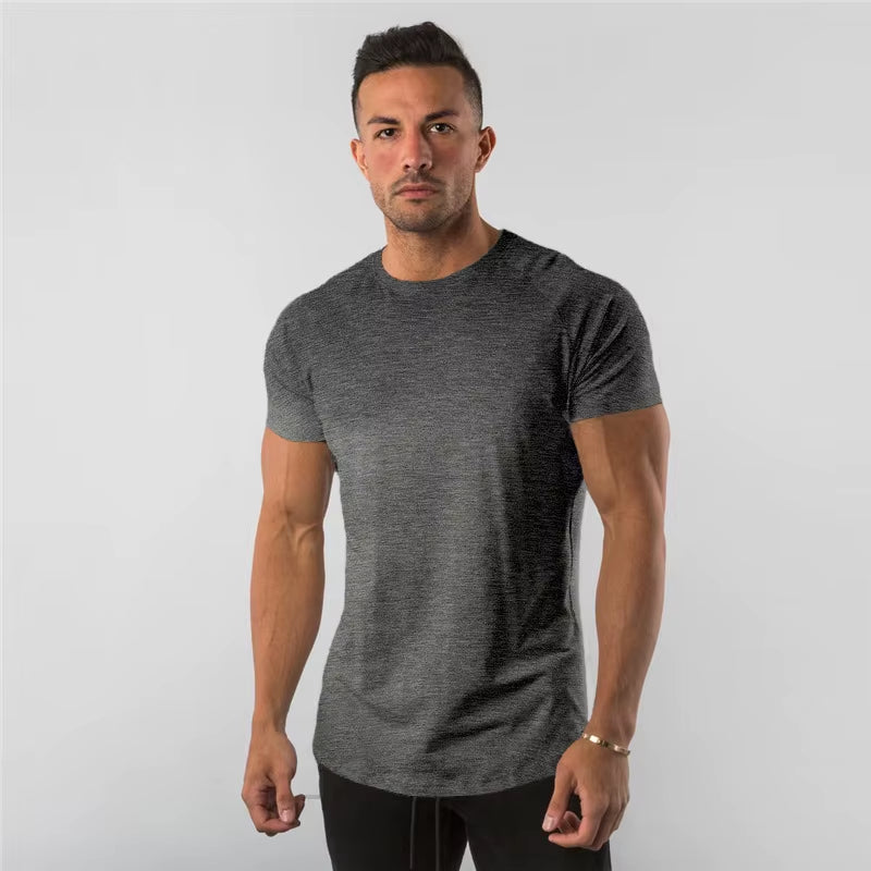 Summer Solid Cotton Short Sleeve T-Shirt Men Gym Clothing Fashion Plain Tight Tops Tees Sports Bodybuilding Fitness T Shirt Men